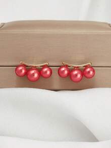 1 paire de boucles d'oreilles minimalistes en forme d'arc avec trois perles, design unique, délicat et polyvalent, nouvelles boucles d'oreilles - Rose bonbon - Voir 3