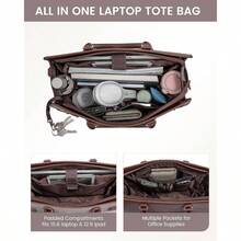 Laptop Bag Women 15.6 Inch Work Tote, Business Computer Briefcase, Waterproof PU Leather Tote Bag Teacher, Office Shoulder Tote Purse - 15,6 inch + Cà phê - Tím nhạt - Trắng hồng - Xem 3
