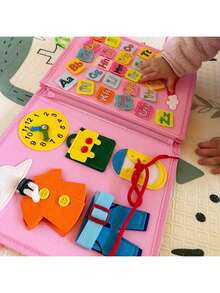 Tablero de actividades 12 en 1 - Juguetes sensoriales, promueven el desarrollo de habilidades motoras - Libro de actividades de aprendizaje con cremallera, hebilla, botón y cordón, adecuado para niños de 0+ años - Regalo de cumpleaños ideal para niños y niñas, colores de accesorios aleatorios - Multicolor - Ver 8