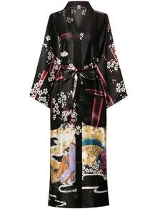 DandyChic Women's Long Floral Satin Robes Imitation Silk Sleepwear Bridal Dressing Gown For Bridesmaid Nightgownhalloween - 櫻花黑 - 查看 10
