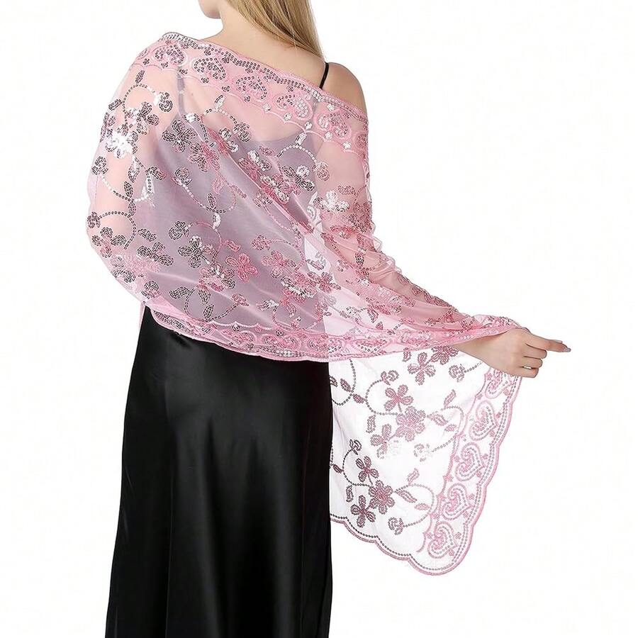 Shawls And Wraps For Evening Dresses,Women Formal 1920s Sequin Flower Sheer Shawls And Wraps For Wedding-{"Color_name":"Pink"} - 粉色 - 查看 1