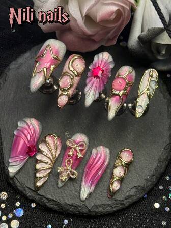 10pcs Stiletto Of PureHandmade Press-On Nails, 3D DecorativeChrome Gel Nails Y2K Full Coverage FalseNail Set To Express Your Love, Silver Cat Eye&Rose Tie Dye Gradient, Hand Drawn Star Shaped 3D Water Droplets Paired With A Bow Bohemian Style