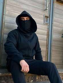 American Streetwear Black Double Hooded Zip Up Hoodie Couples Windbreaker High Street Jacket Retro  Fashion Solid Color Hip Hop Windproof Warm Fake Layered Zip Hoodie With Pockets - 黑色 - 查看 5