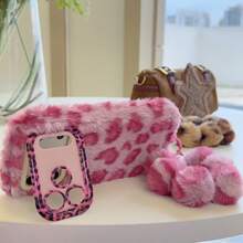Autumn/Winter Fuzzy Leopard Print Wristlet Phone Case - With Lens Stand Design - Compatible With Apple 17/16/15/14/13/12/11, S25U/S24U/S23U/A05S/A56/A17 Leopard Fuzzy Wristlet Lens Stand