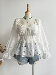 Rusttydustty 女士复古法式蕾丝刺绣 V 领系带袖口白色长袖衬衫，网络星期一圣诞节万圣节新年派对装