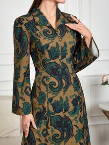 Elegant Paisley Print Long Arabian Dress For Women, Featuring Collar, Long Regular Sleeves, And Mock Buttons, Perfect For Fall Spring - Green - View 1