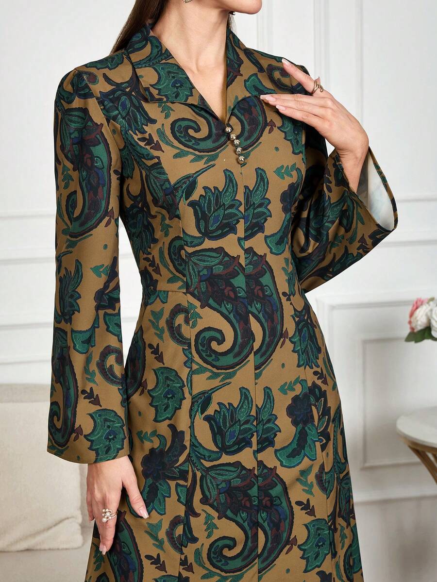 Elegant Paisley Print Long Arabian Dress For Women, Featuring Collar, Long Regular Sleeves, And Mock Buttons, Perfect For Fall Spring - Green - View 1