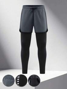 1 Set Elastic Quick-Dry Sports Pants, Breathable Fitness Workout Leggings With Phone Pocket, Dual-Layer Fabric Drawstring Waist, Suitable For Running, Jogging, Gym Training - Dark Grey - View 2