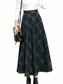 女士休闲格子 A 字裙，松紧腰，适合秋冬季日常休闲和办公室通勤穿着
