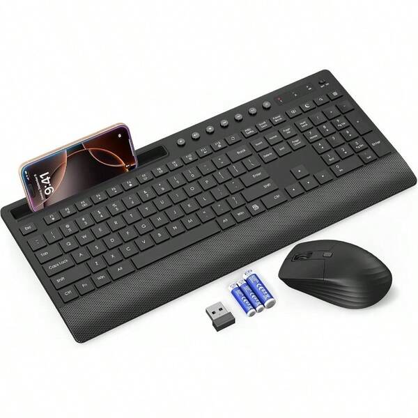 Wireless Keyboard And Mouse Combo - Full - Size Quiet Keyboard With Rest, Phone Holder, Multimedia Keys, Power Switch, Compatible With, OS, PC, Laptop Included