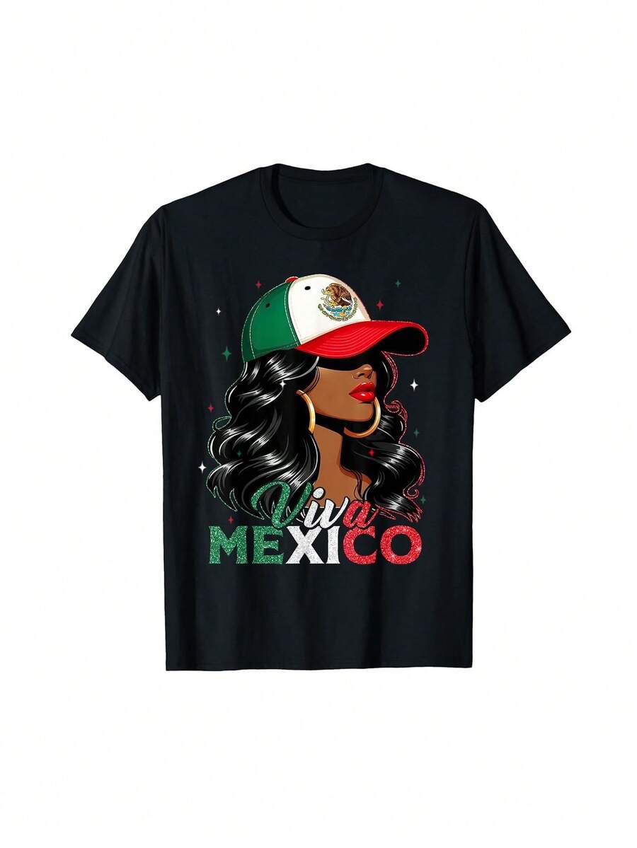 Camiseta Gráfica Viva Mexico Para Mujeres Y Niñas - Diseño De La Bandera Mexicana Con Texto "VIVA MEXICO", Rayas Verdes Y Blancas, Manga Corta, Cuello Redondo, Estilo Casual Y Deportivo, Perfecta Para El Día De La Independencia, Navidad Y Actividades Al Aire Libre, Camiseta Con Diseño De La Bandera Mexicana, Ropa Casual, Diseño Deportivo, Calidad De Impresión Vibrante - Oscuro - Ver 1