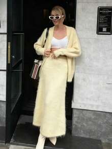 2件秋冬宽松针织V领开衫和休闲A字裙套装 - 黃色 - 查看 2