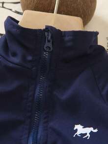 2 件套年轻男孩时尚半拉链漏斗领休闲运动校园风格海军蓝插肩袖夹克和侧条纹慢跑裤套装，2025 年秋季 - 寶藍色 - 查看 2