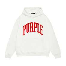 PURPLE Classic Minimalist Monogram Hoodies, Black And White Sweatshirt With Pocket, Casual Loose Long Sleeve, Couple Matching Outfit - 白色2 - 查看 1