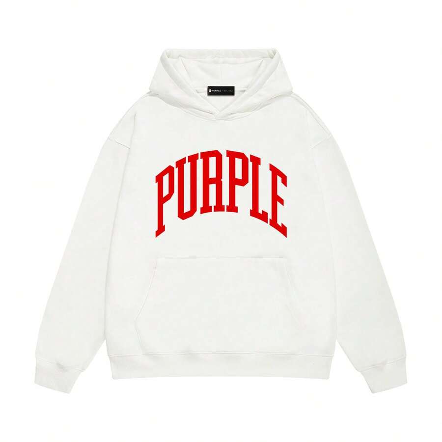 PURPLE Classic Minimalist Monogram Hoodies, Black And White Sweatshirt With Pocket, Casual Loose Long Sleeve, Couple Matching Outfit - 白色2 - 查看 1