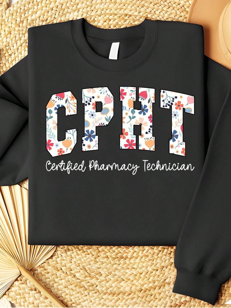 Retro Floral Cpht Certified Pharmacy Technician Pharmacist Women Sweatshirt - 黑色 - 查看 1