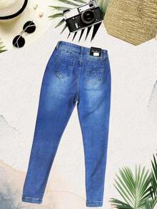 Vaqueros ajustados con push up en forma de corazon de mezclilla azul de cintura alta para mujer con bolsillos, casuales y bonitos, de largo largo, ligeramente elásticos. - Azul lavado medio - Ver 5
