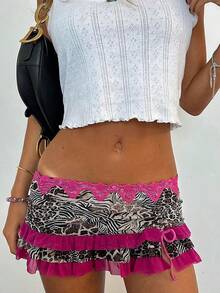 Women Mini Short Skirt Low Waisted Leopard Print Ruffle Lace Edge Fashion Short Skirt - Purple - View 4