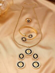 Set de 5 piezas con colgante, aretes, pulsera y anillo con diseño de cabeza de león esmaltado estilo palacio vintage, con incrustaciones de diamante de imitación, para mujer, para fiesta y regalo - Amarillo Oro - Ver 5