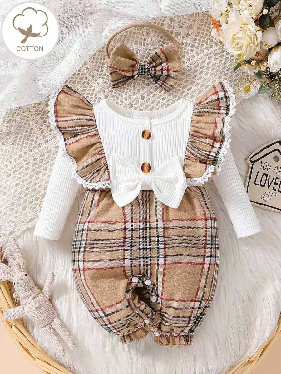 1 pezzo Pagliaccetto casual a maniche lunghe a collo rotondo a quadri per bambine con fascia per capelli, primavera/autunno