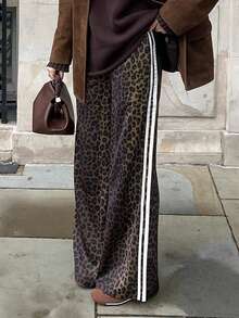 New Fashionable & Elegant Side Striped Ombre Leopard Print Elastic Waist Loose Pants, Suitable For Home, Vacation, School, Travel, Country Music Festival - Dark Brown - View 1