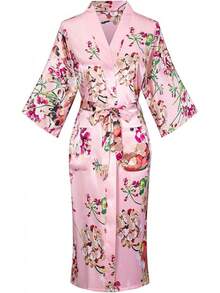 DandyChic Women's Long Floral Satin Robes Imitation Silk Sleepwear Bridal Dressing Gown For Bridesmaid Nightgownhalloween - 粉紅色花 - 查看 10
