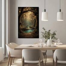 1pc Framed Canvas Wall Art, Magical Forest Swing Enchanted Woodland With Lanterns Fireflies Fantasy Nature Art Print Canvas Poster Painting Wall Decor, Ideal Gift For Bedroom Living Room Hallway Dorm, Ready To Hang - 彩色 - 查看 5