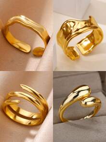 Anéis vintage assimétricos geométricos com rebites em aço inoxidável, cor dourada, resistentes ao desbotamento, anel aberto para mulheres, joias para festas, acessórios de dedo para casamento, presentes para mães/melhores amigas.