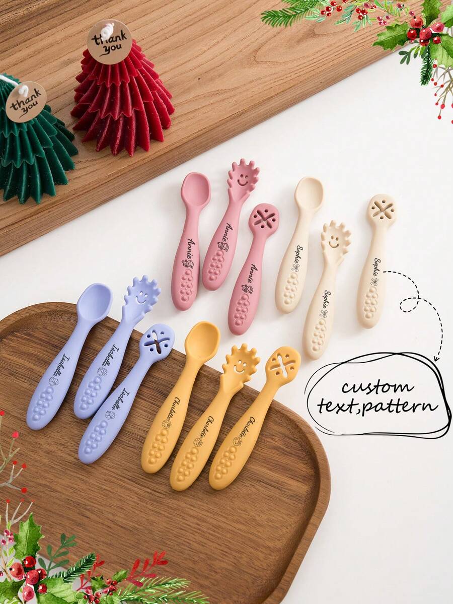 3pcs Personalized Customized Name And Pattern Silicone Baby Spoon Utensils, Children's Tableware, Customized Baby Feeding Accessories - Multicolor 1 - View 1