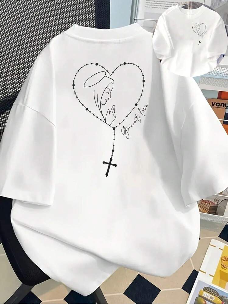 Camiseta de Mujer con la Virgen María Católica - Iconografía Religiosa Blanca con Oración del Rosario en Latín (Ave María) - Ropa de Fe Casual de Cuello Redondo y Manga Corta para Eventos de Iglesia y Atuendo Diario - Blanco - Añade 1