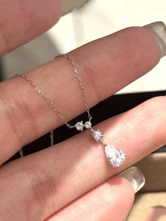 1 pieza Collar de cadena con colgante de gota de agua en forma de lágrima con circonita brillante de plata esterlina 925 para uso diario, , fiesta de cumpleaños, regalo de joyería para mujeres