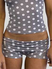 Womens Fold Over Shorts Stripe/ Dots Print Elastic Waist Low Rise Y2k Lounge Shorts Foldover Cute Pajama Micro Bottoms Mini Shorts Loungewear Summer Casual Skinny Pj Bottom Sleep Shorts - 淺灰色 - 查看 2