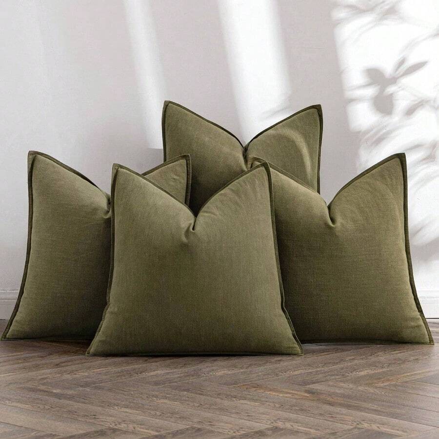 Neutral Linen Pillow Covers Pack Of 4 Decorative Natural Solid Throw Pillow Covers Soft Accent Boho Farmhouse Couch Pillowcases Modern Home Decors Living Room Bed Sofa 18x18 Inch - 18 英吋 x 18 英吋(4 件裝)+ 橄欖綠 - 查看 1