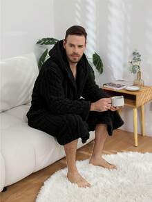 Men's Winter Long Sleeve Jacquard Robe, Thick Fleece Bathrobe, Soft Double Pocket Warm Long Sleeve Robe, Polyester Fabric, Retro Style, Suitable For Home Wear, Autumn/Winter - Multicolor - View 4