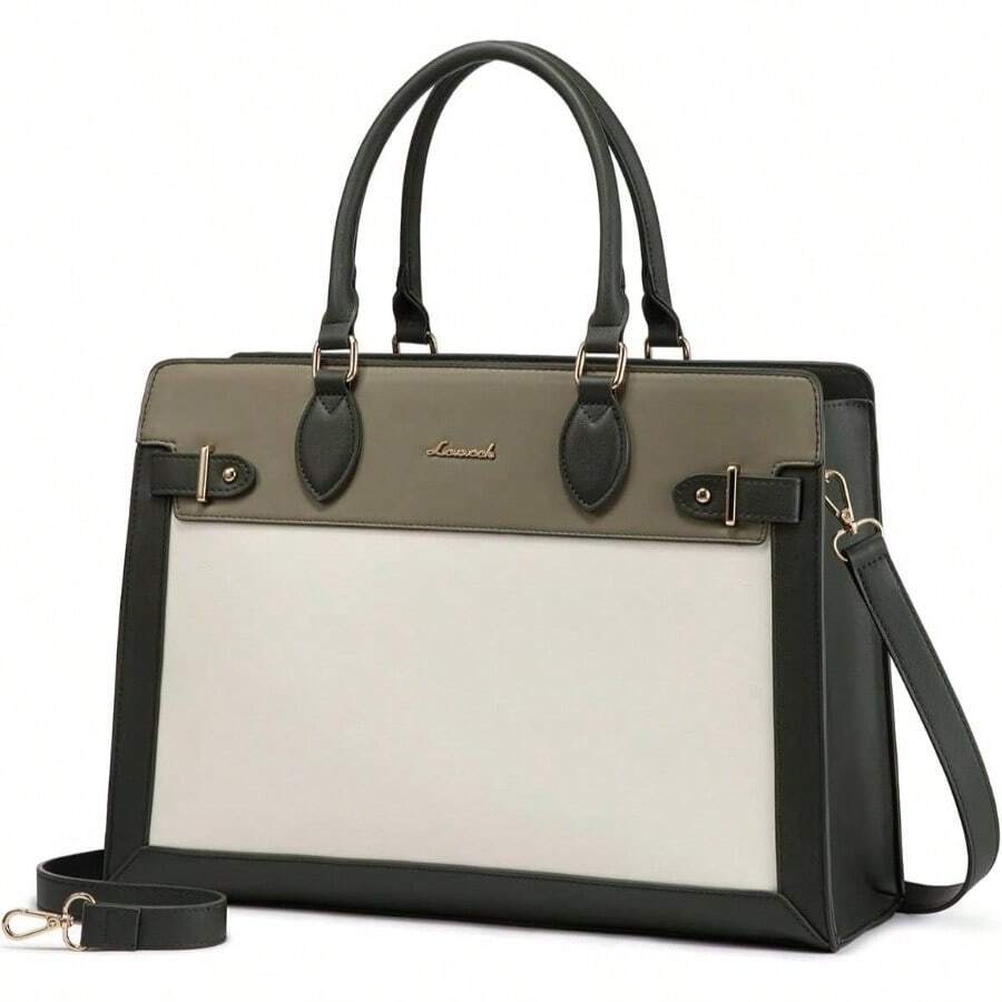 Laptop Bag Women 15.6 Inch Work Tote, Business Computer Briefcase, Waterproof PU Leather Tote Bag Teacher, Office Shoulder Tote Purse - 15,6 inch + Xanh lá đậm-Xanh lá nhạt-màu be - Xem 1