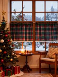 1件圣诞绿色格子遮光农舍风窗帘 - 冬季厨房咖啡厅窗帘，可机洗 - 綠紅白 - 查看 7