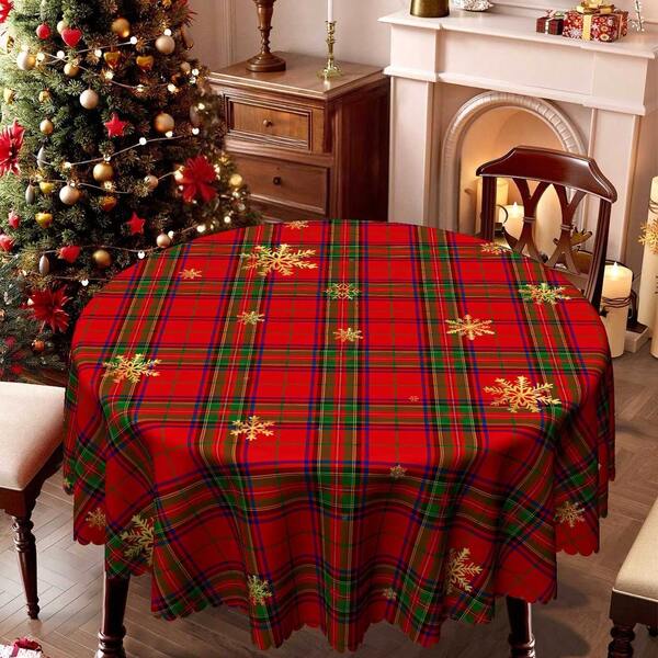 1pc Christmas Tablecloth, Red & Green Plaid With Golden Snowflake Design, Rectangular Or Round Fabric For Holiday Party, Family Dinner, New Year's Eve - Festive Dining Table Decor, Machine Made, Suitable For Restaurants, Gatherings And Winter Celebrations, Christmas Tablecloth