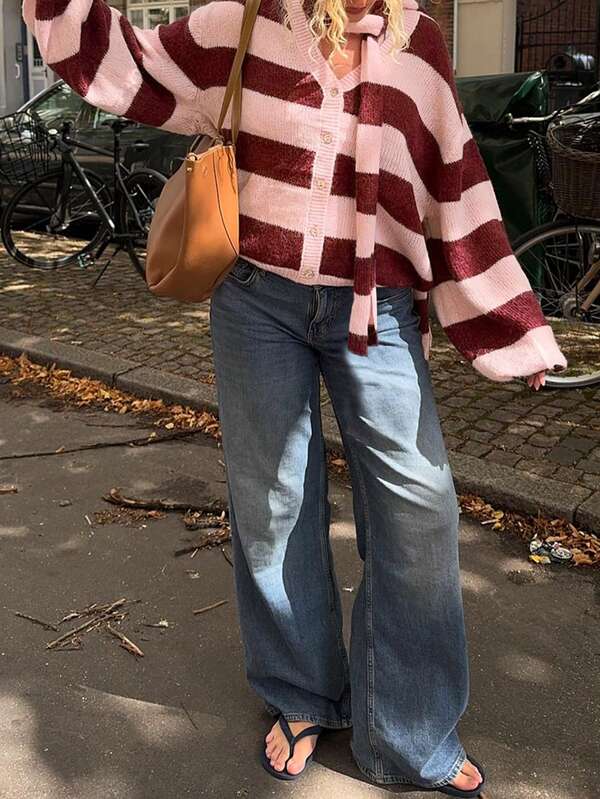 Cárdigan de punto de mujer de manga larga con diseño de contraste a rayas, estilo elegante y casual para uso diario, aeropuerto y estilo de calle. Diseño de color de contraste simple, estilo elegante de señorita joven, parte superior para mujer