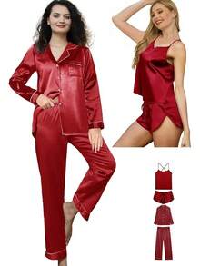 4Pcs Womens Silk Pajama Sets Satin Pajamas Set Sexy Cami Lingerie Pjs Nightwear Silky Pj Loungewear Sleepwearhalloween - Dark Red - 查看 12