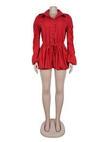 Women's Button Ruched Bubble Playsuits Long Sleeve Drawstring Shorts Shirt Jumpsuit Rompers One Piece Outfits, Spring Fall Winter Clothes - Red - View 3