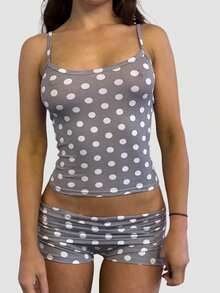 Womens Fold Over Shorts Stripe/ Dots Print Elastic Waist Low Rise Y2k Lounge Shorts Foldover Cute Pajama Micro Bottoms Mini Shorts Loungewear Summer Casual Skinny Pj Bottom Sleep Shorts - 淺灰色 - 查看 4