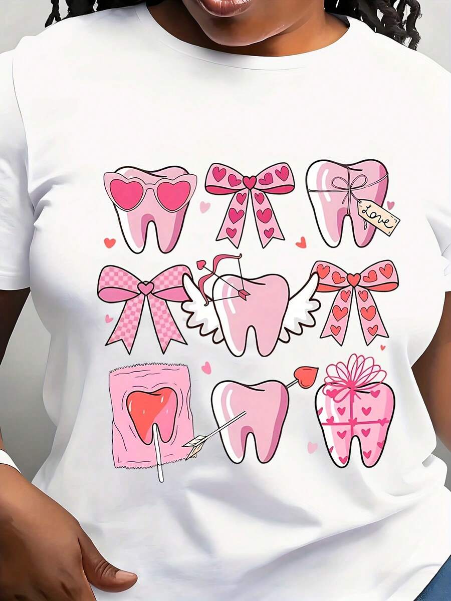 Women'S Pink Dental-Themed T-T-Shirt - Fun Tooth & Bow Print, Casual Crew Neck,  Fabric, Perfect For Summer, Valentine'S Day Tee, Dental Office DecorPlayful Graphic Teey Material, Dental T T-Shirt - 白色 - 查看 1