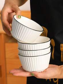 4件套日式竖条纹陶瓷碗，高品质陶瓷饭碗，家用饭碗，沙拉碗，甜品碗，创意圆形深盘水果甜品盘，适用于家庭，宿舍，厨房，餐厅，餐具配件，厨房用品 - 白色 - 查看 8