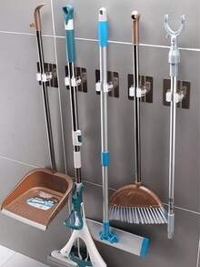 6/4/1pc Mop Holder Clips With Hooks, Multifunctional Mop And Broom Holder, Wall-Mounted Adhesive Broom Hanger, Removable Waterproof Non- Tool Storage Rack, Suitable For Home, Bathroom, Kitchen, Garden And Garage