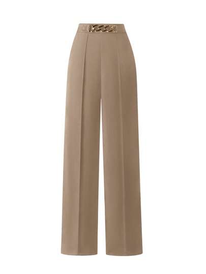 EARO 女装 OL 风格高端时尚休闲纯色腰部金属链设计直筒宽松裤，舒适宽松优雅长裤，卡其色，秋冬