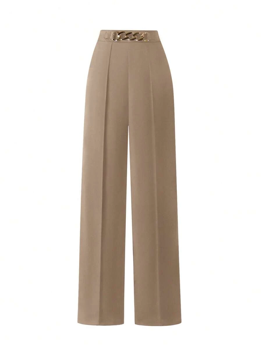 EARO Women's High Waist Chain Decor Wide Leg Pants, Casual & Office Wear Spring - Khaki - View 1