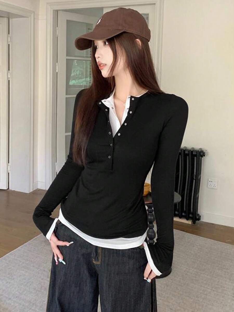 撞色拼接前扣二合一/解构休闲街头风长袖T恤,女款,春秋季黑色 - 黑色 - 查看 1