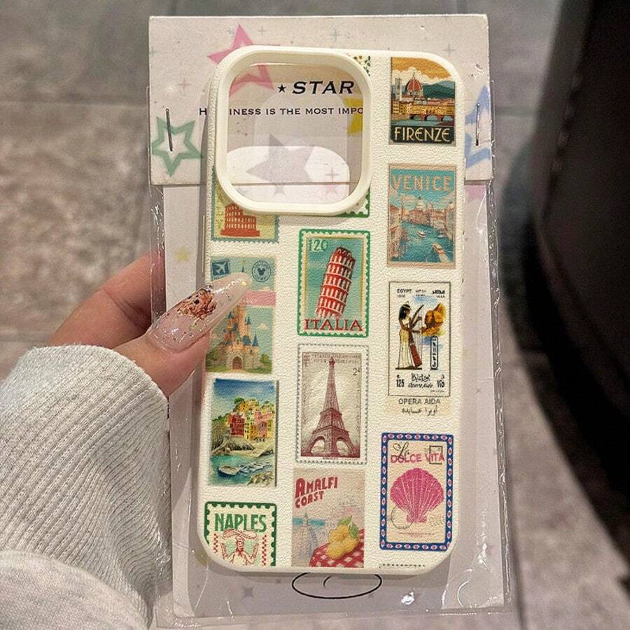 1pc TPU Material World Landmark Stamp Pattern Phone Case Compatible With Apple 17 Pro Max/17/16 Pro Max/15/13/12/11, S20 FE/A15/S24/A55, Redmi Note 11/Note 12/Note 13 Pro, Full Coverage Anti-Drop Soft Protective Cover - White - View 1