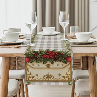 1/4pcs/10pcs Christmas Envelope, Holly Berry, Plaid Pattern Decorative Table Runner & Placemat Set, Holiday Table Decor Fabric Tablecloth, Home Decor, Gift, Table Runner & Placemat Set Suitable For Indoor And Outdoor Celebrations, Seasonal Party Supplies, Kitchen Dining Table Decor, Party Table Decor, Home Room Decor Tablecloth, Restaurant Decor