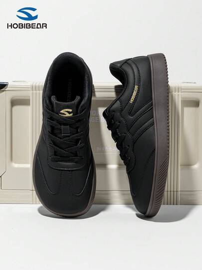 HOBIBEAR 1 par bekväma svarta unisex sportskor, mjukt läder, gummisula, bred passform, lämplig för män och kvinnor, fritidsskor, utomhusskor, vandringsskor, höst/vinter